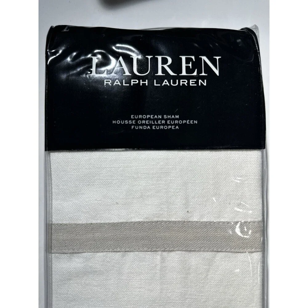 (2) Ralph Lauren CAROLYNE FRAME OFF WHITE GRAY LINEN Euro Shams 26x26 NEW